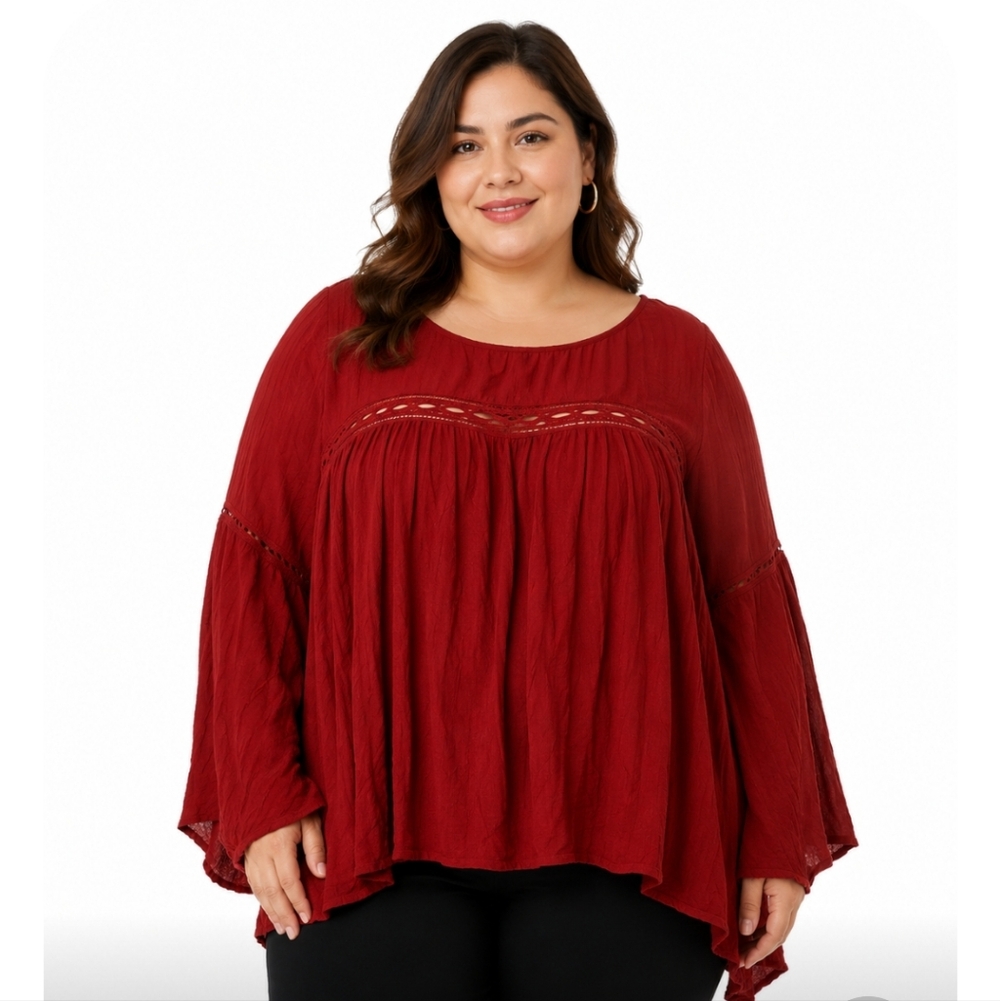 True Destinity  Burgundy Women Boho Blouse Sz 1X BELL Sleeveles Lace Front Plus